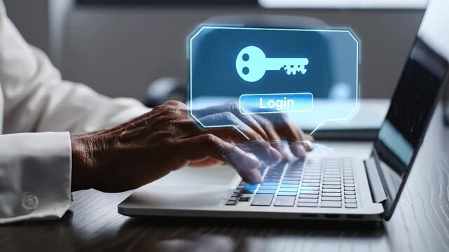 Secure login on laptop with glowing key and login button hovering above keyboard businessperson typing on computer with security concept on screen