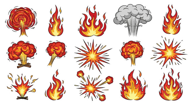 Dynamic cartoonish illustrations displaying various fire and explosion effects on white background
