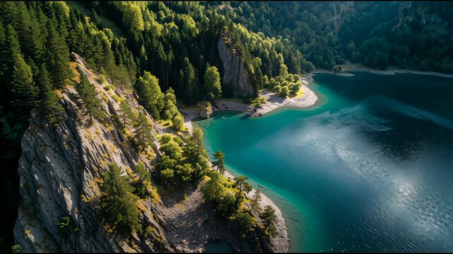 Aerial View of Rocky Cliffside Forest Surrounding a Calm Blue Lake During Daylight