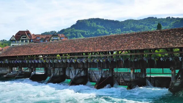 old bridge, footbridge over river in old town of tourist, Travel, tour tourism in Switzerland, Thun