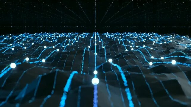 Futuristic network visualization with illuminated data points moving across a dark digital terrain