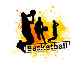 silhouette basketball player postures with black orange yellow ink painting grunge graphic symbol logo design