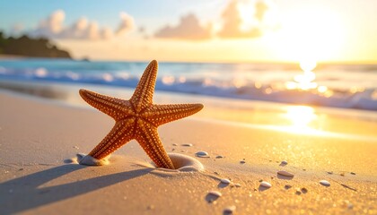 Fototapeta na wymiar Golden starfish partially buried in wet sand, bathed in warm sunlight during a beach sunrise