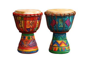 Two African Djembe Drums with Colorful Tribal Patterns - Isolated on Transparent Background