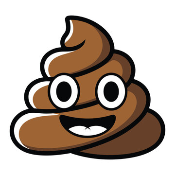 A cartoon poop emoji with a smiling face and big eyes on a white background