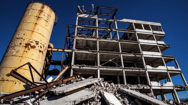 A large abandoned and destroyed building with rubble and debris scattered everywhere outside