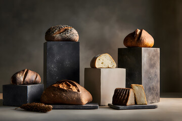 Assortment of artisan bread and pastries displayed on on black stone pedestals. Freshly baked sourdough, baguettes and seeded loaves, minimalist bakery arrangement