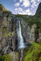 Fototapeta premium drone view of the picturesque Feigefossen Waterfall on the south side of the Lustrafjorden in central Norway