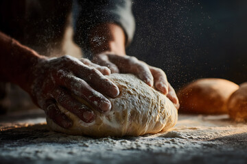 Hands Kneading Fresh Bread Dough on a Wooden Table in Warm Light