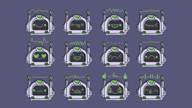 Stickers and doodles emoji chatbot-style faces. Ai robotic avatar retro style illustration