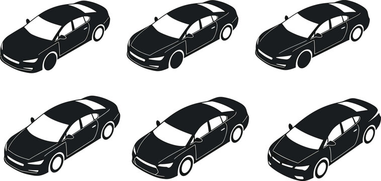 Isometric black sedan car icons set with sleek modern design style