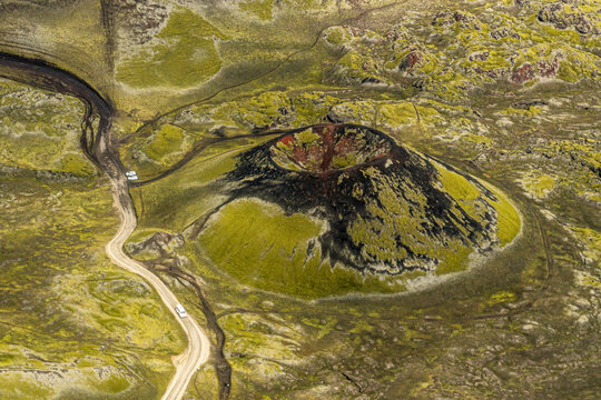 aerial view of the Laki volcano craters and volcanic system in the Highlands of southern Iceland