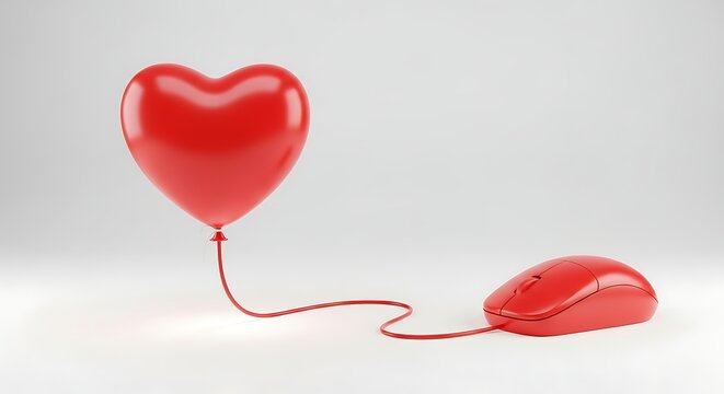 Red heart-shaped balloon connected by a red cord to a red computer mouse on a white background, symbolizing online love or digital romance.