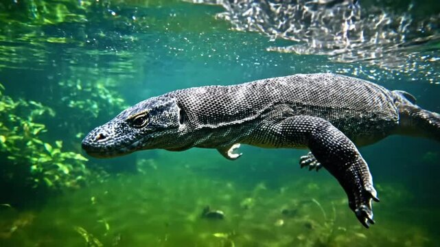 Komodo dragon swimming underwater in green, clear water, with focus on the reptile's head and scales