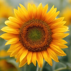 Naklejka premium Sunflower blooms in a field during daylight with many other sunflowers surrounding it