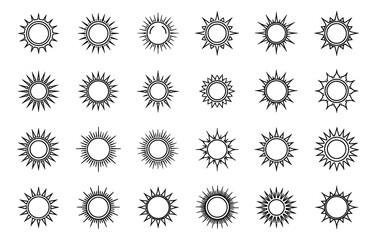 Hand drawn line art sun icon set featuring various sunshine symbols for weather applications and summer branding