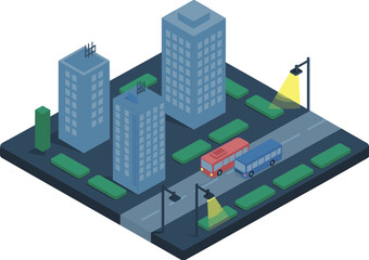 Obraz premium Isometric night city illustration with buses, skyscrapers, street lights, urban transport scene, modern town infrastructure isolated on white