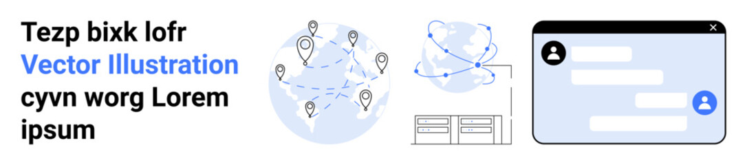 Fototapeta premium Digital communication, global networking, data sharing, messaging systems, online collaboration, information security. Globe with pins, chat window and data flow. Digital communication and global