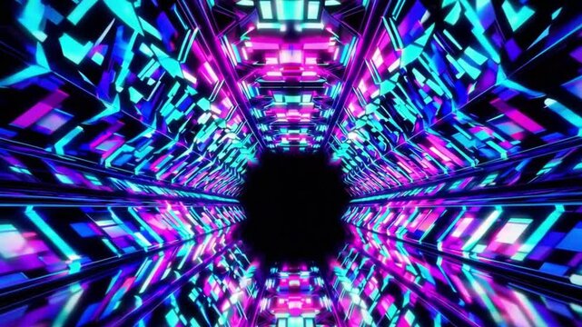 Abstract Neo Tunnel Vibrant neon-lit digital tunnel rendering featuring mesmerizing blue and magenta geometric patterns receding towards a dark central void in abstract cyberspace.