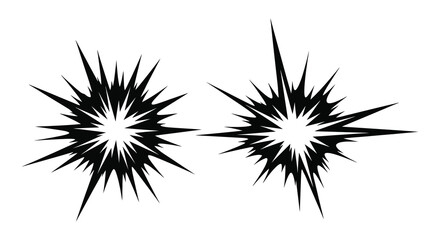 Two abstract black starburst shapes are depicted against a white background showcasing sharp jagged edges and dynamic visual energy