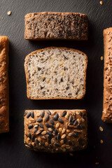 Thick slices of golden seeded bread with nuts and grains on dark slate background