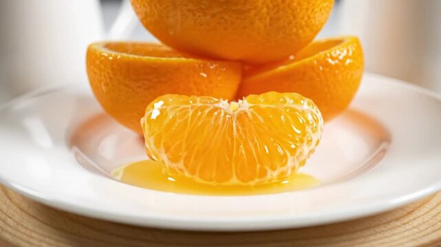 Fresh orange slice being drizzled with honey or syrup against a backdrop of peeled oranges, bright and sweet.