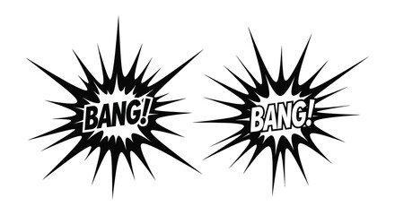Two comic book style explosion bursts with the word bang inside depicted in black and white high quality © Kuntol02