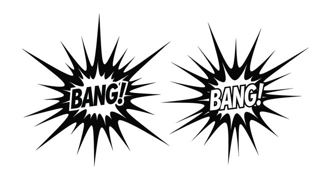 Two comic book style explosion bursts with the word bang inside depicted in black and white high quality