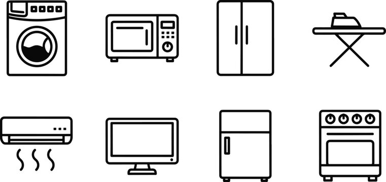 Home appliance washing machine microwave fridge tv iron stove vector set