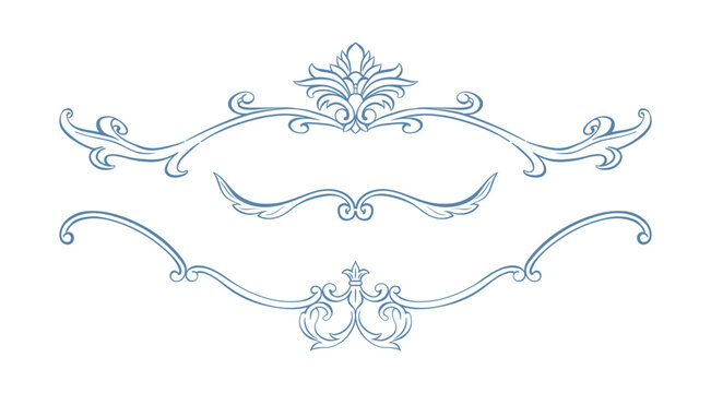 Vintage Baroque border set. Baroque border Victorian hand drawn frame, ornate with classic acanthus leaves and rustic florals. Whimsical decorative elements for wedding invitation, card, certificate, 