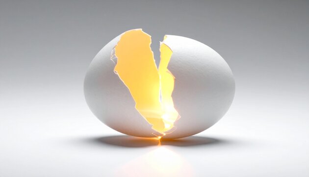 Extreme close-up minimalist high-key photograph of a single cracked white eggshell, delicate textures and fragments on white background, concept of birth, fragility, new beginnings and potential.