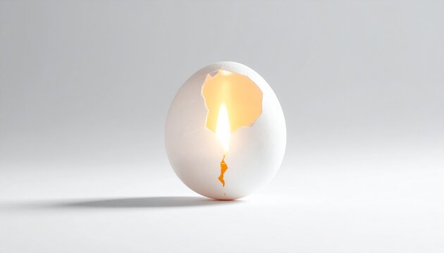 Extreme close-up minimalist high-key photograph of a single cracked white eggshell, delicate textures and fragments on white background, concept of birth, fragility, new beginnings and potential.