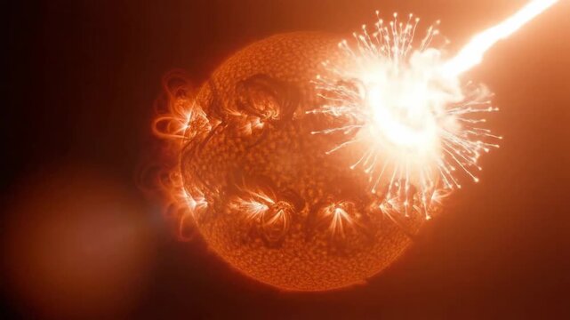 A vibrant visualization of an active star with coronal loops emitting bright, orange light.