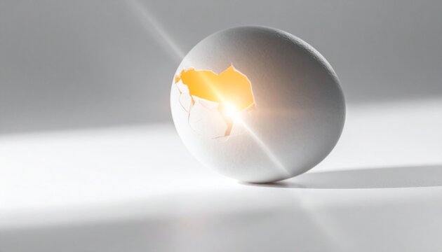 Extreme close-up minimalist high-key photograph of a single cracked white eggshell, delicate textures and fragments on white background, concept of birth, fragility, new beginnings and potential.