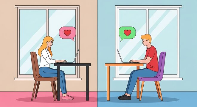Man and woman communicating love through laptops, separated by windows, symbolizing long-distance relationships and online dating.