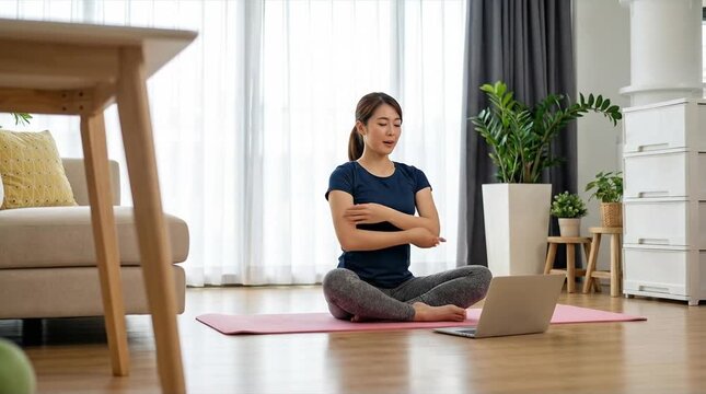 Young Asian woman in activewear sitting on yoga mat, engaging in a virtual meeting or online class via laptop in her bright, modern living room at ...