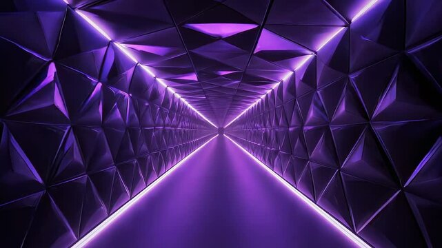A futuristic tunnel with geometric wall panels, lit with purple linear lights