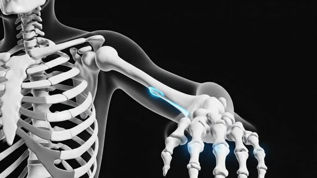 Anatomical 3D rendering of a fractured humerus bone in the arm and skeletal rib cage on a black background