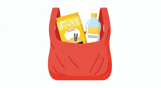 Flat vector illustration of a red plastic shopping bag filled with groceries like instant noodle and oil for donation.