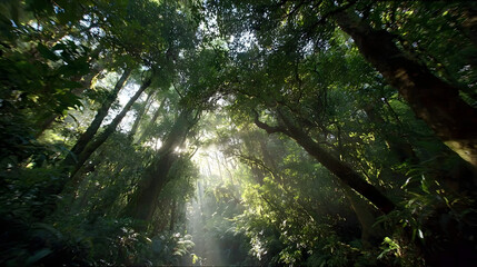 Fototapeta premium New Zealand rainforest with dense trees and sunlight. Illustration of a natural rainforest landscape background.