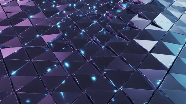 Abstract digital background featuring a repeating pattern of glossy, reflective triangular pyramids illuminated by vibrant purple and blue neon light reflections creating a futuristic texture.