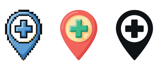 Obraz premium Medical location pins: pixelated, gradient, and solid icons with cross symbol