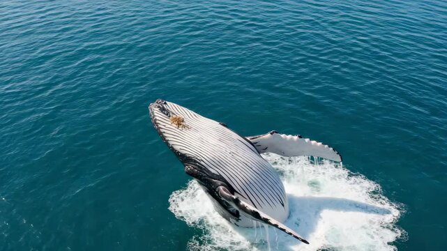 Humpback Whale Breaching the Azure Ocean Surface with Glistening Spray Under Sunny Skies and Showing Textured Pattern Back in Vivid Detail