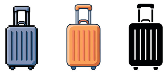 Set of three wheeled suitcases: blue, orange, black silhouette on white background