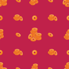 Yellow Traditional Chinese Pattern. Flat Style Coins. Lunar Chinese New Year