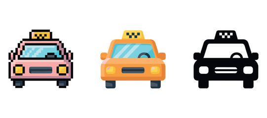Fototapeta premium Pixel art taxi icons: colorful and monochrome design set in pixelated style
