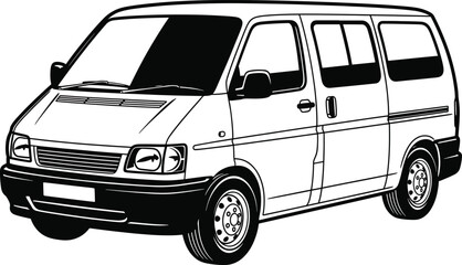 Detailed black and white line art illustration of a van