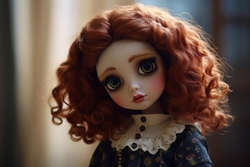Porcelain doll looking with a wistful expression, wearing a patterned dress and lace collar