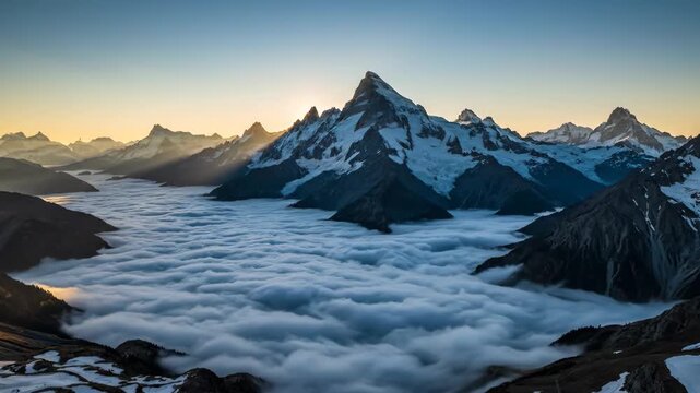 Stunning morning sunburst illuminates majestic snow capped mountains above a vast cloud inversion