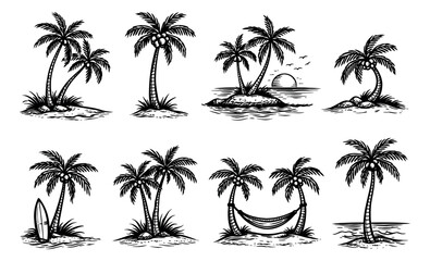 Obraz premium Vintage hand drawn palm tree set featuring tropical island elements for summer vacation designs